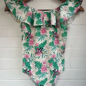 Disney x Janie and Jack Pink & Green Minnie Floral One-Piece Swimsuit Size 8